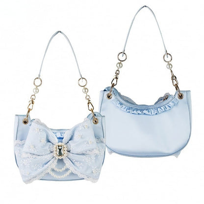 Blue Sweet Lolita Satin Underarm Bag with Crystal Bow - Sheep Puff Bag