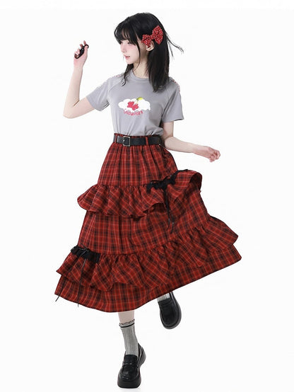 Round Neck Gray Cherry Print T-Shirt