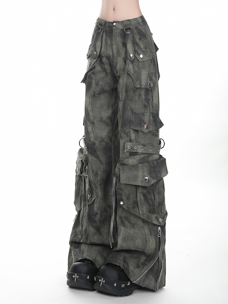 Grau/Grün verblasste Vintage Dark Wash Wide-Leg-Cargojeans mit Reißverschlussbündchen