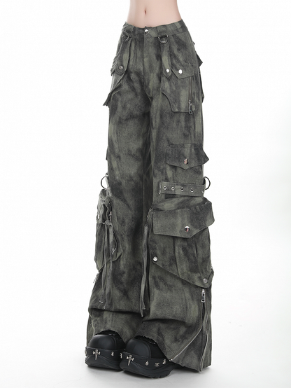 Grau/Grün verblasste Vintage Dark Wash Wide-Leg-Cargojeans mit Reißverschlussbündchen