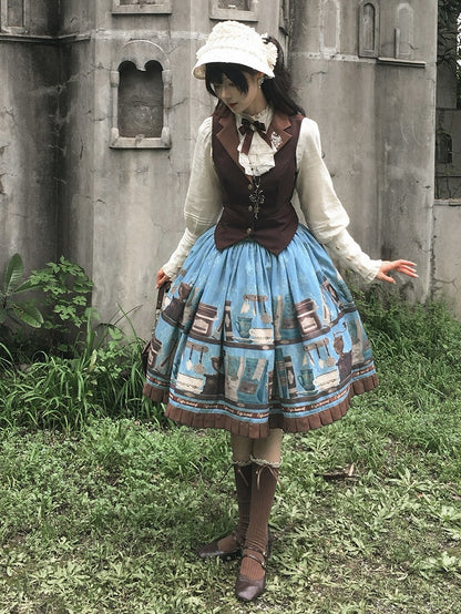 Blue Brown Coffee Cup Bookshelf Print Elegant Skirt Ruffled Hem - Dream Whale