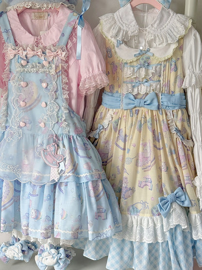Adorable Lolita JSK Gown in Yellow and Blue with Lace Trim Detail - Vcastle