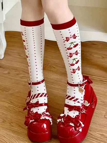 Socks Pattern Print Lolita White Polka-dot Cherry Red Calf