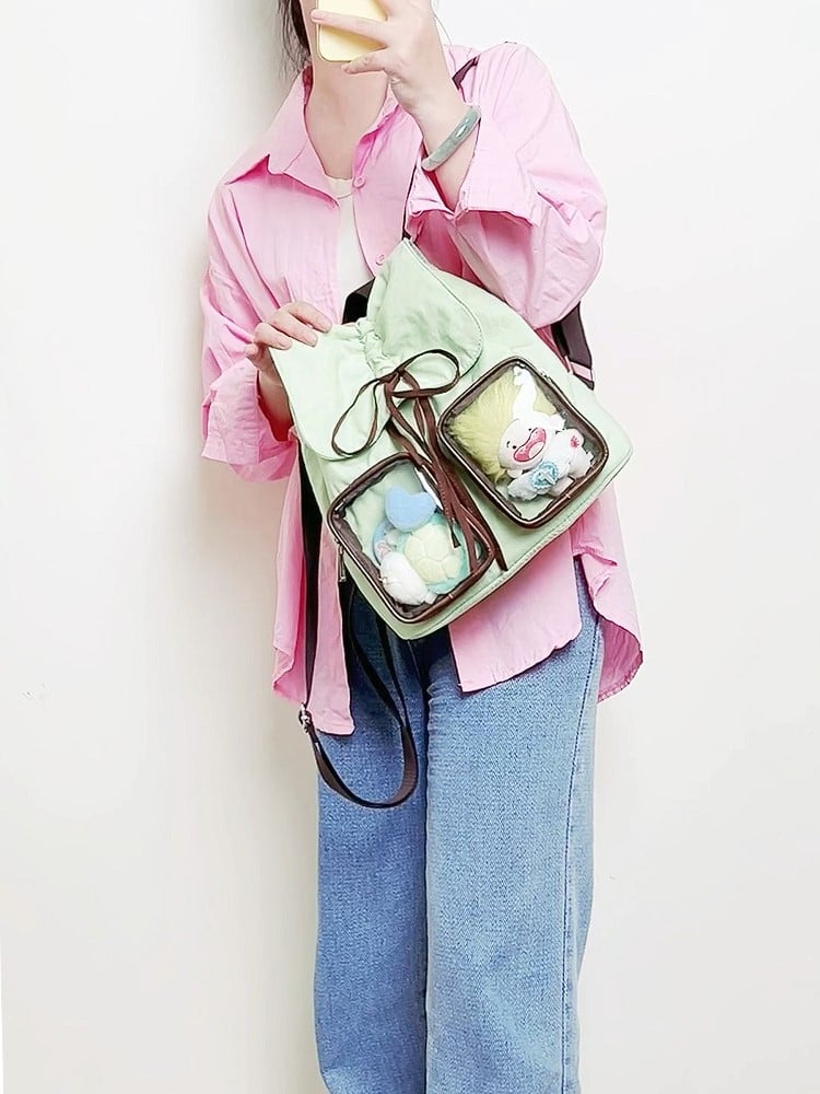 Bow Drawstring Charming Backpack With Kawaii Green Mini Ita
