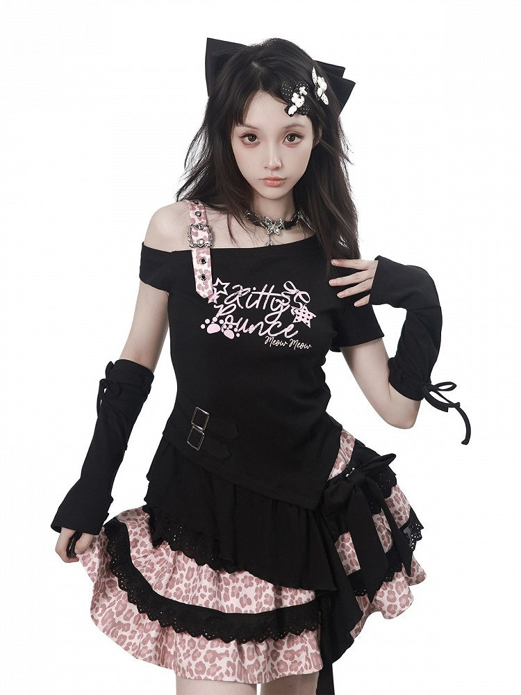 Asymmetric Black Top with Letter Print and Irregular Hem - PINK SAVIOR