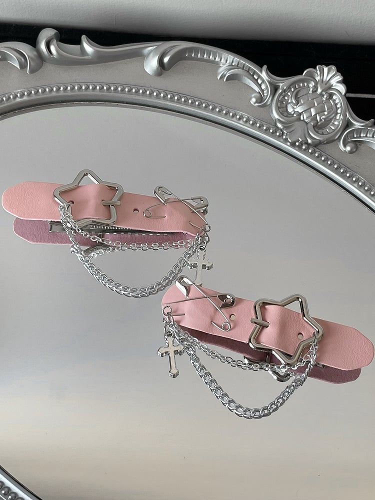 Haarspangen Schwarz/Weiß/Rosa Kreuz Verzierte Schnalle Stern Pin Charm