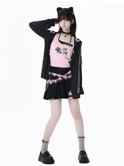 Pink Plaid Hood Black Star Embroidery Sun Protection Jacket