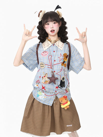 Daily Kawaii Blue Plaid Shirt with Animal Embroidery - Languid Park
