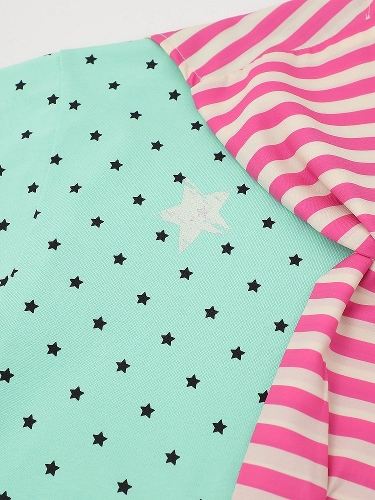 Green Star Print Tee with Stripe Shawl and Hairclip - Languid Park