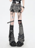 mit Applikation Dusty Grey Lace-up Details Butterfly Warmers Saum Denim Shorts Bein