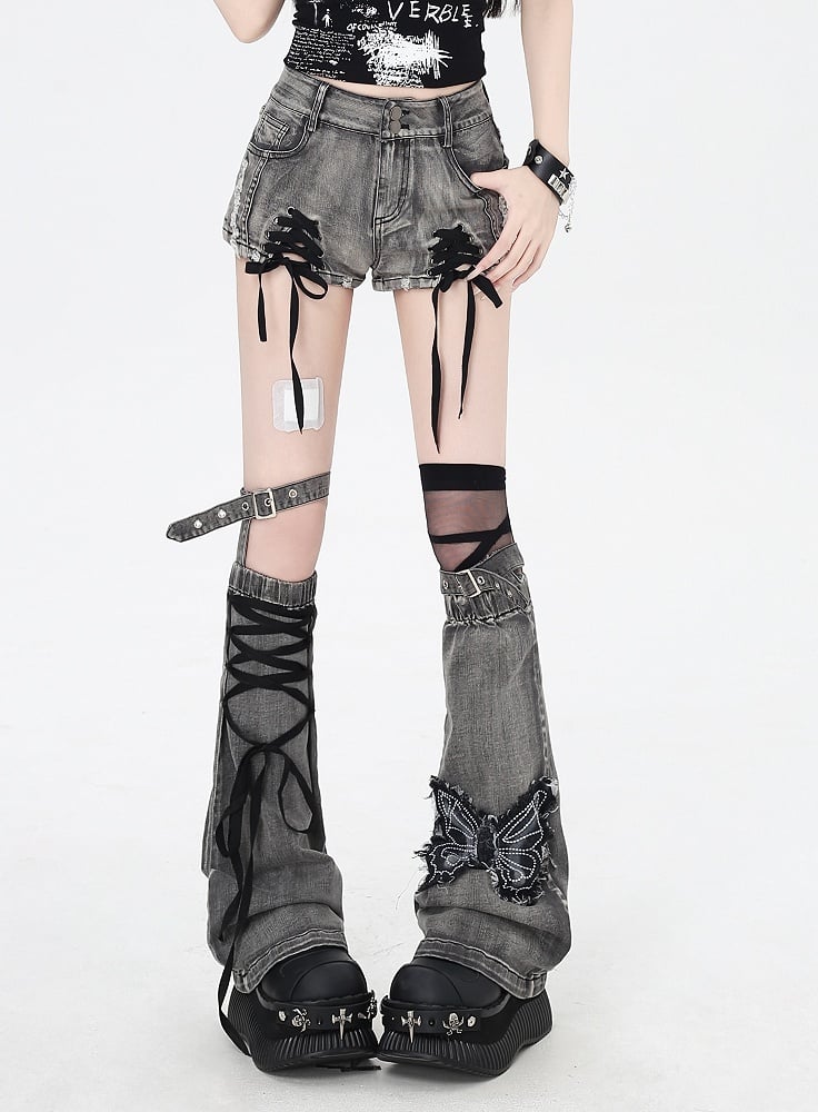 mit Applikation Dusty Grey Lace-up Details Butterfly Warmers Saum Denim Shorts Bein