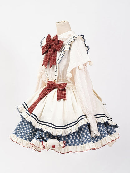 Weißes langärmeliges Strickoberteil, Schürze, blauer Rock mit Karomuster, süßes Lolita-Komplettset