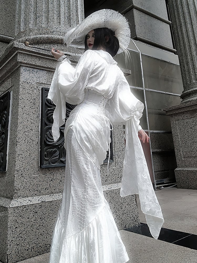 Long Ruffles Structured Lolita Shirt Sleeves V-neck White Gothic