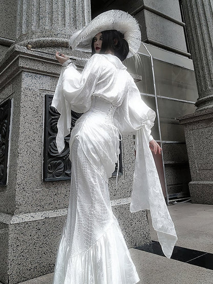 Long Ruffles Structured Lolita Shirt Sleeves V-neck White Gothic