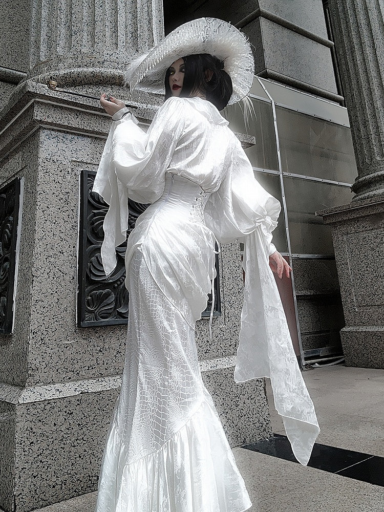 White Boned Corset High Waist Gothic Lolita Mermaid Skirt - Puppet Mind Book