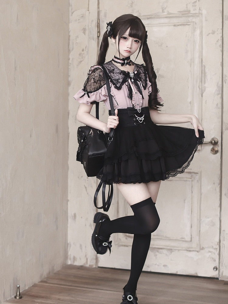 Jirai Kei Black & Pink Lace Cutout Shoulder Short Sleeve Ruffle Blouse - Ekomi