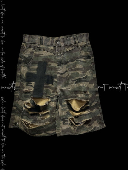 Punk Camouflage Distressed Holes Wasteland Wide-Leg Shorts