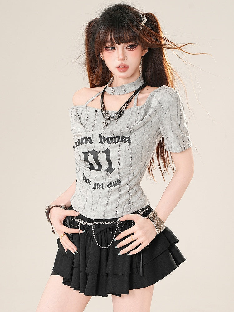 Glamorous Bittersweet Letter T-Shirt Nummer Grau/Schwarz und Aufdruck