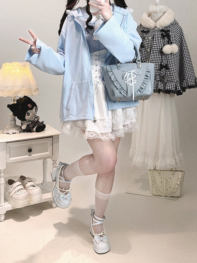 Jirai Crossed Bunny Kei Otaku Hood with Zip-Up Ears Hoodie