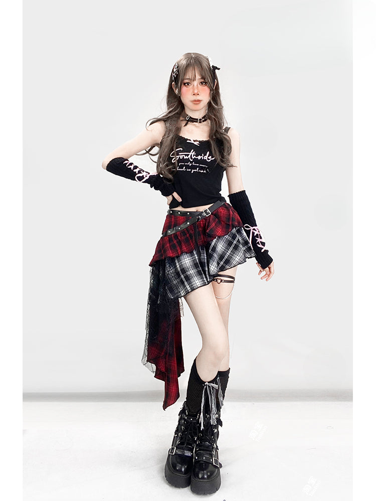 Y2K Red Plaid Asymmetrical Hem Tiered Punk Glamorous Skirt