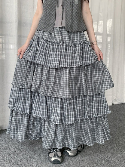 Two Tone Plaid Layered Ruffle Skirt - Solkatt