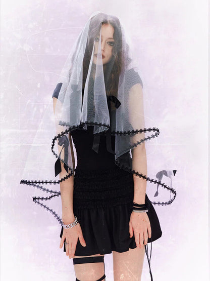 Dress Embroidery Cheongsam / Applique Black Cross with White Organza