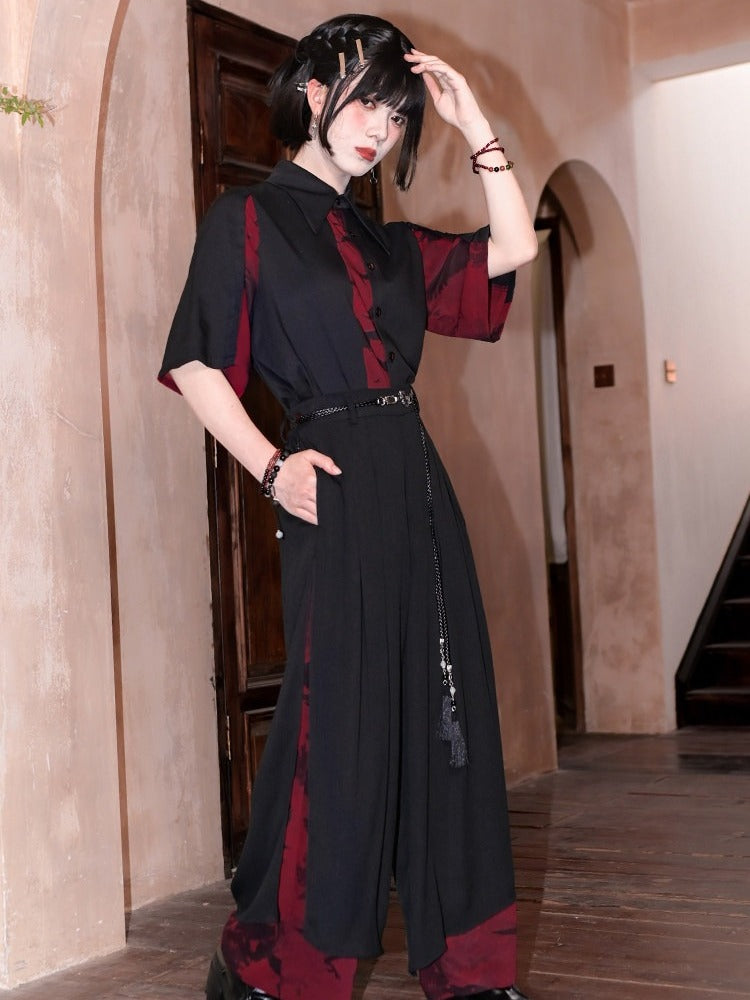 Gothic Black and Red Spliced Pointed Flat Collar Short Sleeve Shirt with Crow Motif - Quirky Hut