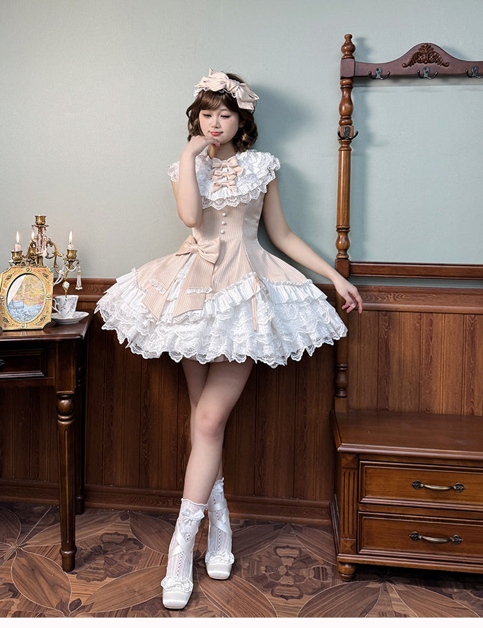 Lolita Fabric Champagne Layered Neck Ruffle Striped Dress Fit Slim Sweet Waist Sleeveless
