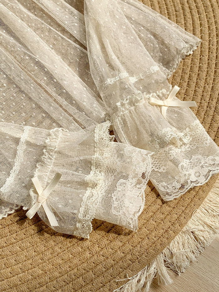 ロングチュールシアートップス レース ベージュスリーブ ドット