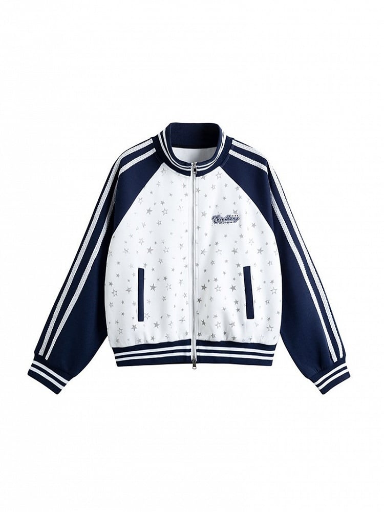 White Dark Blue Striped Star Print Jacket - Solkatt