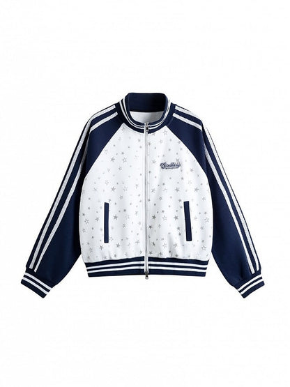 White Dark Blue Striped Star Print Jacket - Solkatt