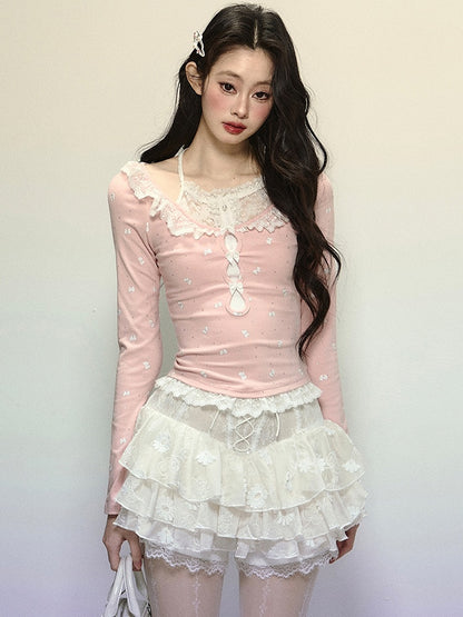 Pink Bows Print Lace Trim Halter Neck Top