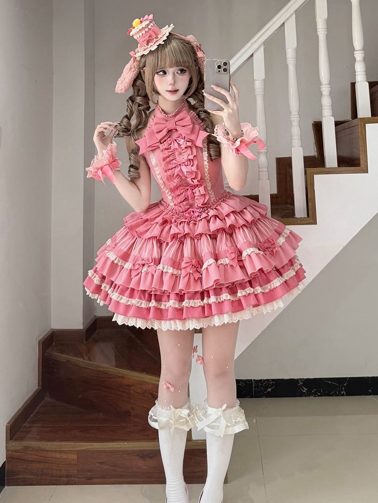 Süßes Schleifenkleid mit Rüschenakzenten, Lolita, rosa, gestufter Neckholder, Rosenhalsrock, Idol