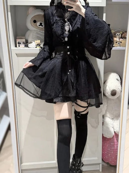 Neckline Sleeves Jirai Blouse: Illusion with Dark Kei Trim Black Lace and Bell