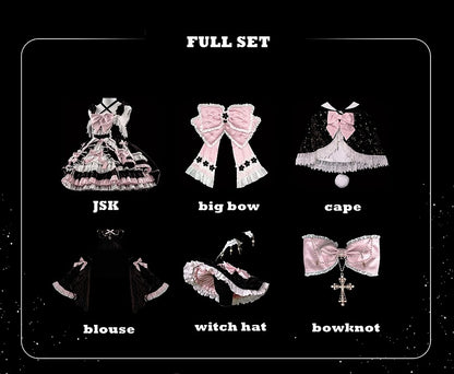 Schwarz-Rosa Süßes Hexenkleid mit hoher Taille, Lolita-Pulloverrock, komplettes Set