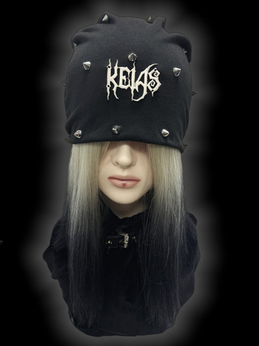 Y2K Schwarze Metallic-Buchstabendetails Nieten Punk Slouchy Beanie