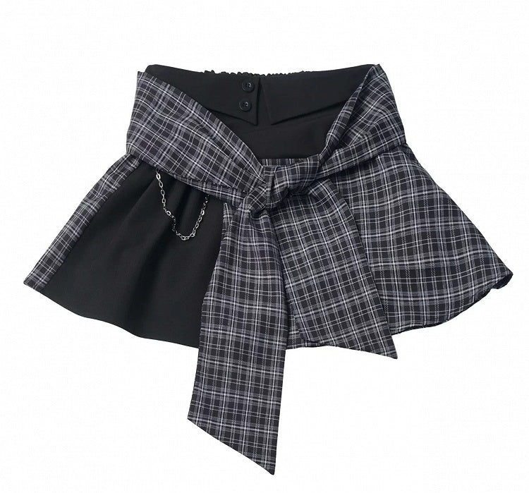 Black Plaid Skirt with Faux Layered Folded Waistband & Metallic Chain Accent - PINK SAVIOR