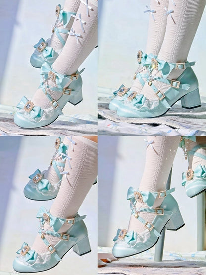Sophisticated Lolita Lace Mint Mid - Blue Trim Heels