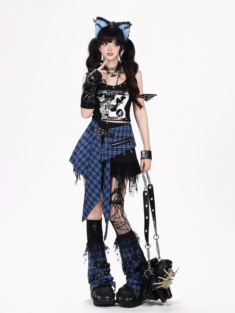Blue Black Plaid Asymmetric Skirt with Zipper - CRAZY GIRL