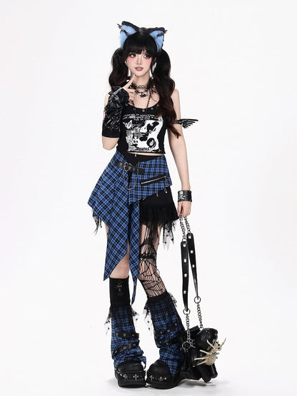 Blue Black Plaid Asymmetric Skirt with Zipper - CRAZY GIRL