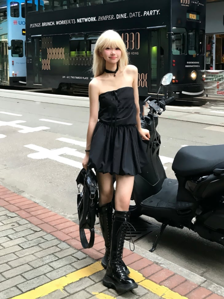 Rock Selbstbinden Strap Ausschnitt Glamouröses Trägerloses Kleid Schwarz Bubble