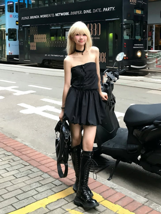 Rock Selbstbinden Strap Ausschnitt Glamouröses Trägerloses Kleid Schwarz Bubble