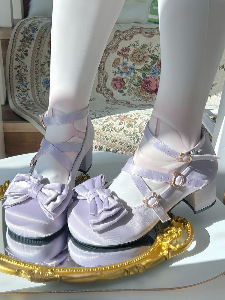 5cm Heeled Elegant Lolita Purple Mary Jane Shoes in Satin with Top Bow & Kitty Fastener