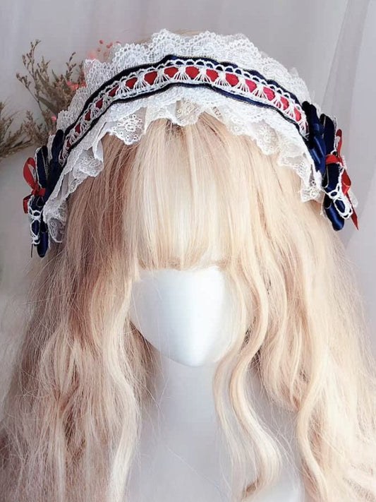White&Blue Snow White Vibes Bowknot Details Lace Trim Hairband