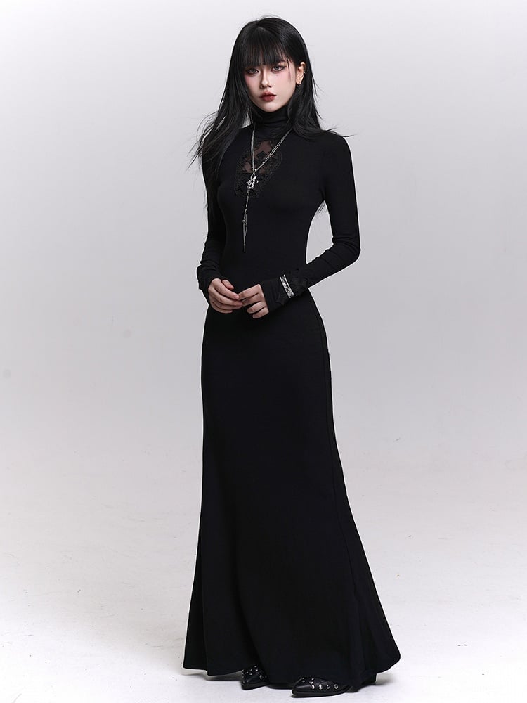 Gothic Elegance Black Mermaid Dress with Coffin-Shaped Cutout & Cross Applique