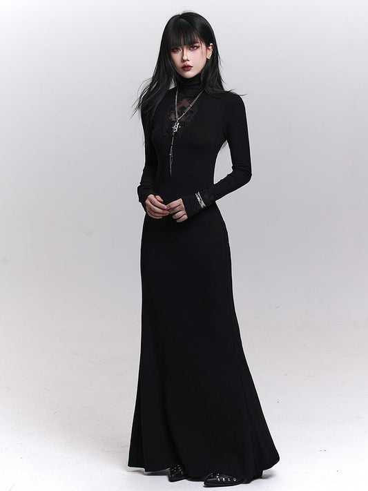 Gothic Elegance Black Mermaid Dress with Coffin-Shaped Cutout & Cross Applique