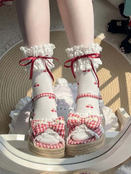 Cherry-Printed Ankle Socks in Red and White Lolita Style - Fantasy Doll
