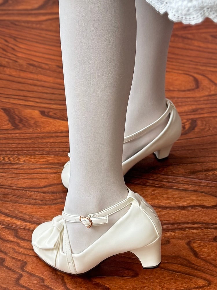 Mary Heeled at 6cm Top Crisscross PU White Janes Bow Elegant Design -