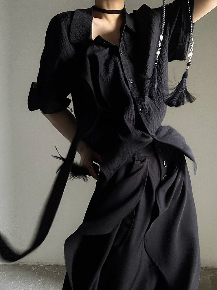 Pointed Collar Ouji with Black Flat Shirt Tie Long Lolita Short-Sleeve Vintage