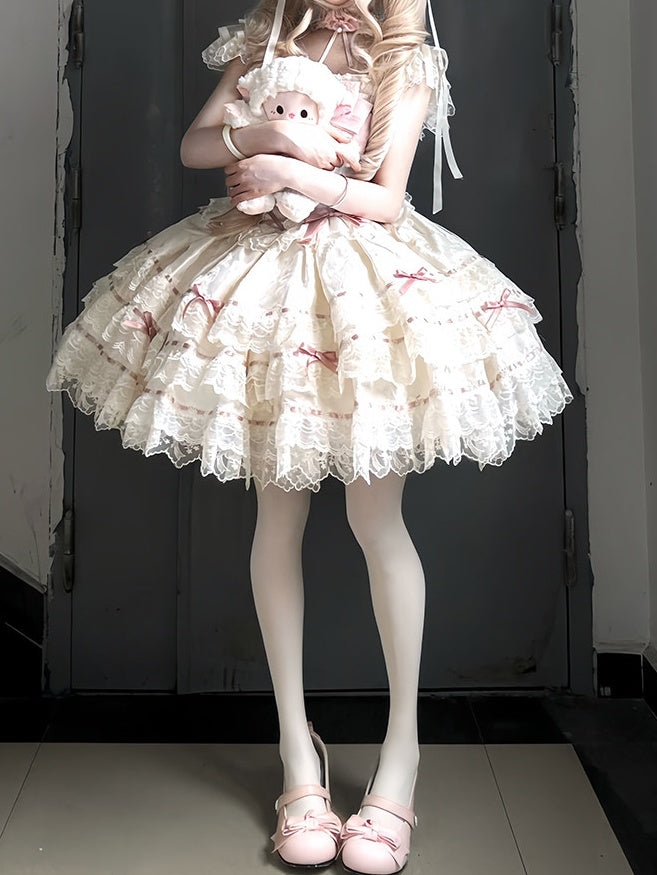 Details Multi-Layered Bow Princess Dress Lace Lolita Apricot Jacquard with